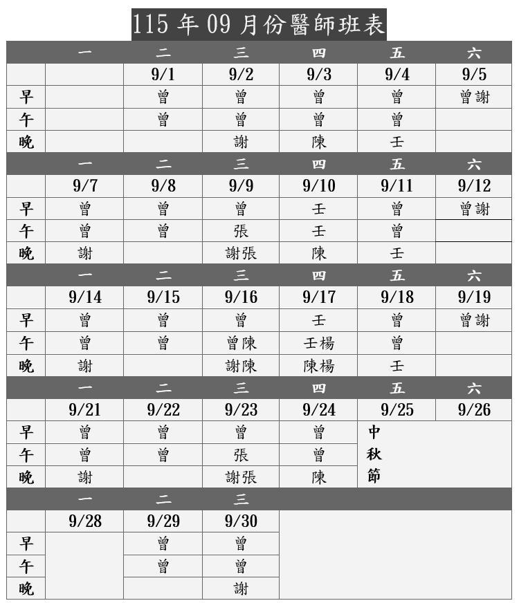 115年09月醫師班表