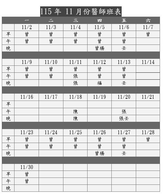 115年11月醫師班表